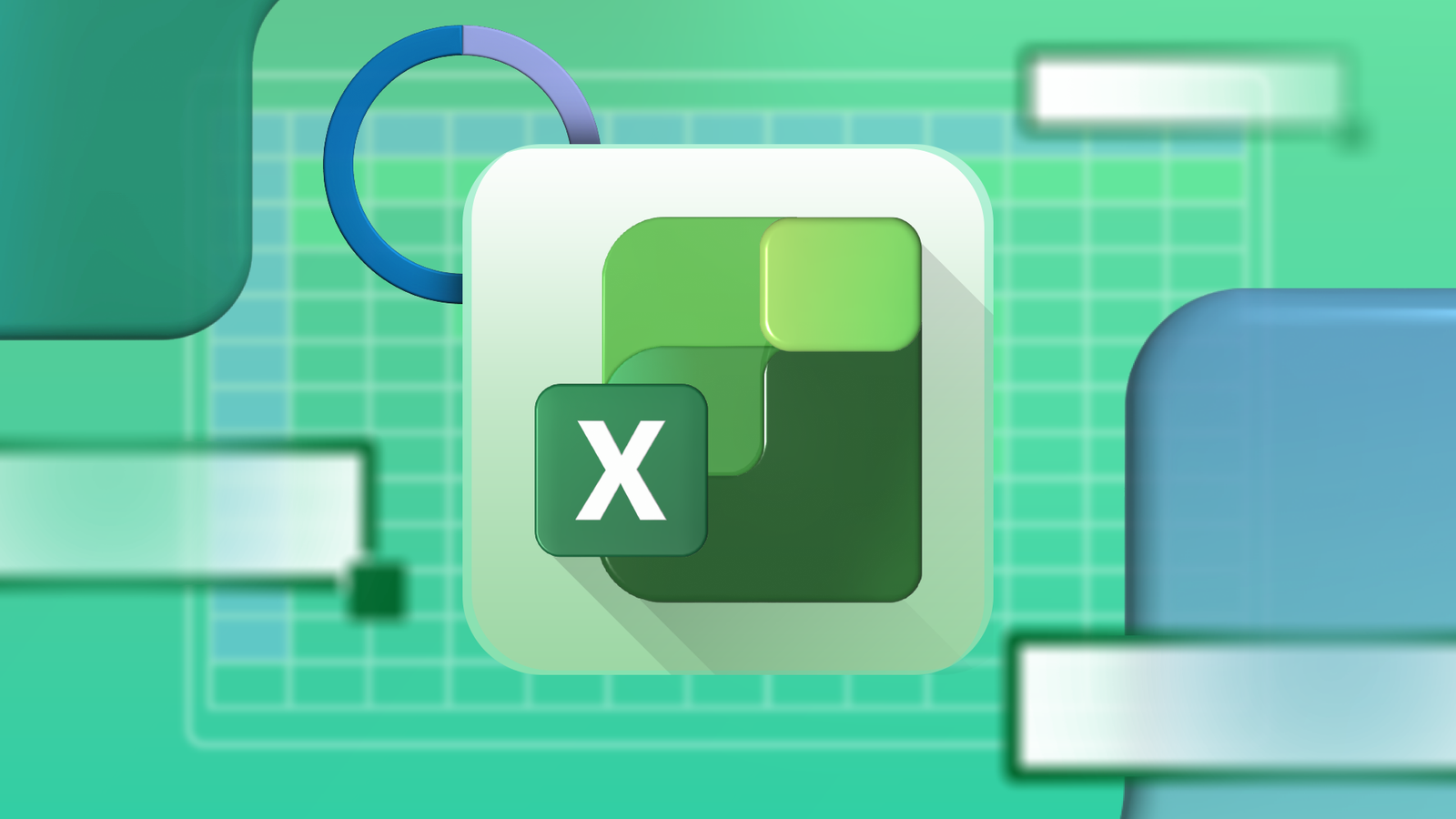 Иллюстрация логотипа Microsoft Excel на фоне стилизованной таблицы с плавающими фигурами и ячейками.