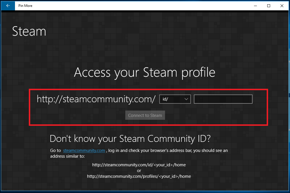 Список игр из привязанного аккаунта Steam в Pin More