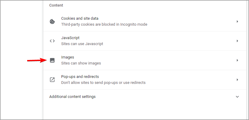 Опция «Изображения» в настройках сайтов Chrome