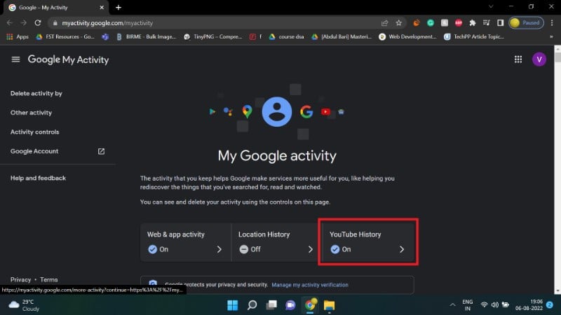 Кнопка управления историей на странице YouTube History