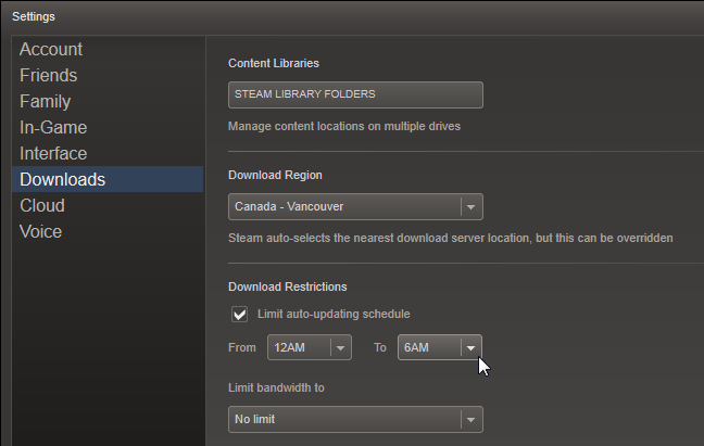 Настройки скачиваний в Steam: ограничение часов обновлений