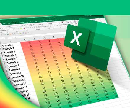 Таблица Excel с тепловой картой и логотипом Excel на фоне.