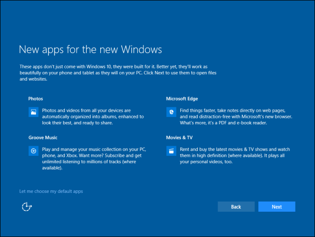 Экран выбора стандартных приложений в Windows 10