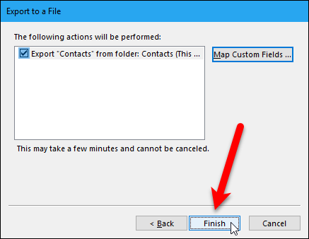 Кнопка Готово для завершения экспорта из Outlook