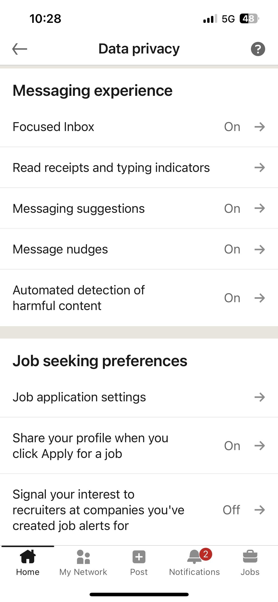 Параметр Focused Inbox в приложении LinkedIn