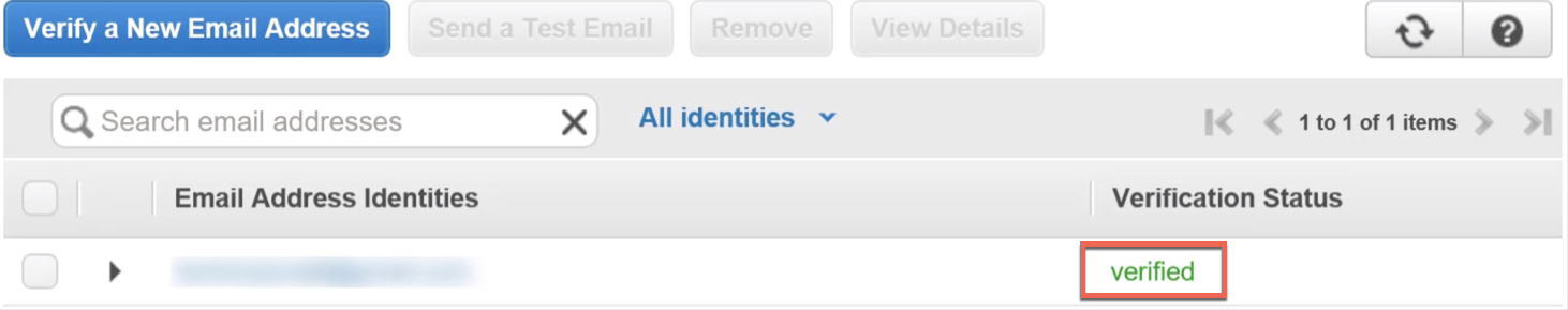 Список проверенных адресов в SES с пометкой verified
