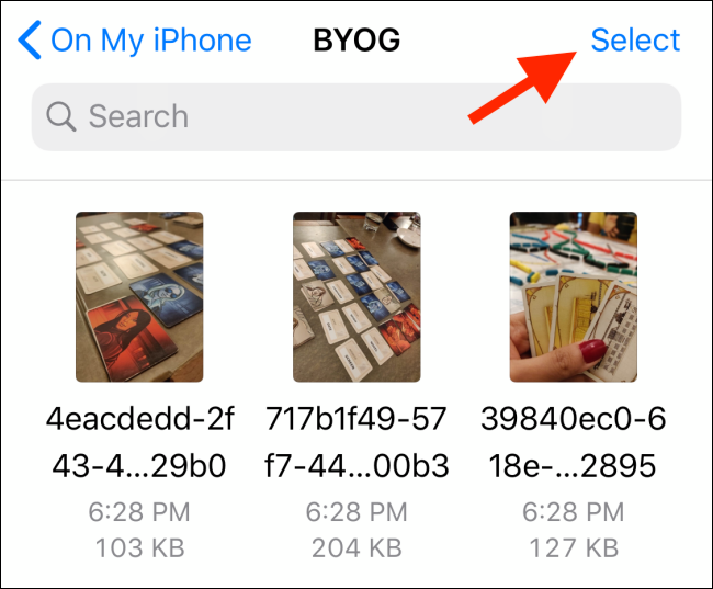 Кнопка Выбрать в приложении Файлы