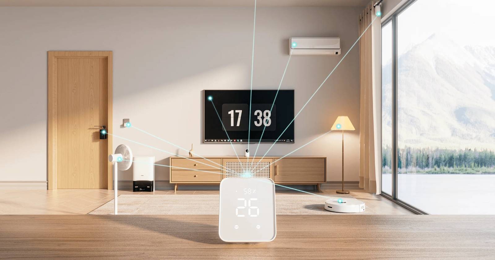 Хаб SwitchBot Hub 2 на фоне нескольких IR‑устройств в гостиной