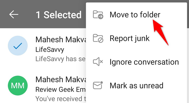Выберите «Переместить в папку» в меню.