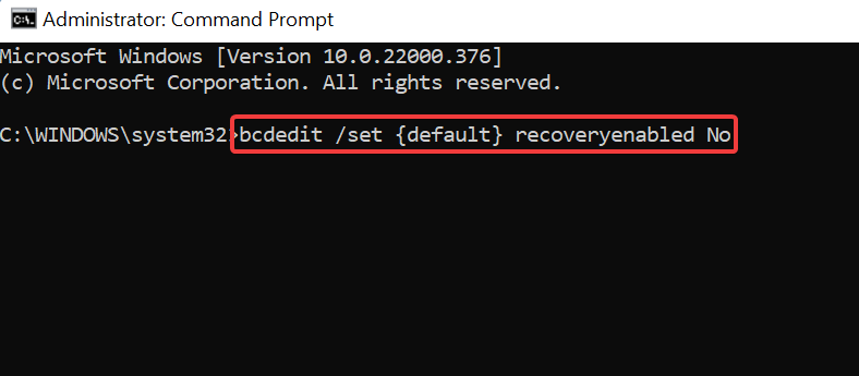 Executando bcedit para desativar reparo automático