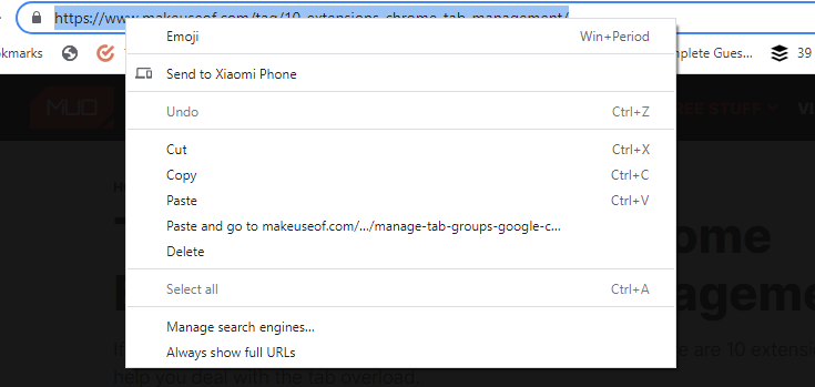 Отправить на устройство через контекстное меню URL
