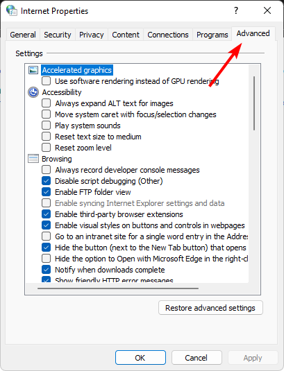 Вкладка Дополнительно в свойствах Интернета