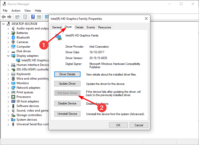 Кнопка 'Откатить драйвер' во вкладке 'Драйвер'