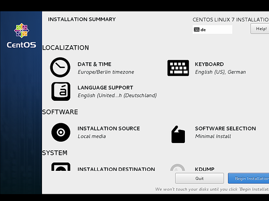 Кнопка начала установки CentOS: Begin Installation.