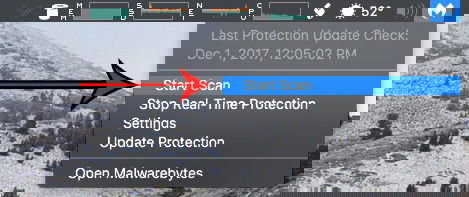 Пункт меню Malwarebytes с командой запустить проверку
