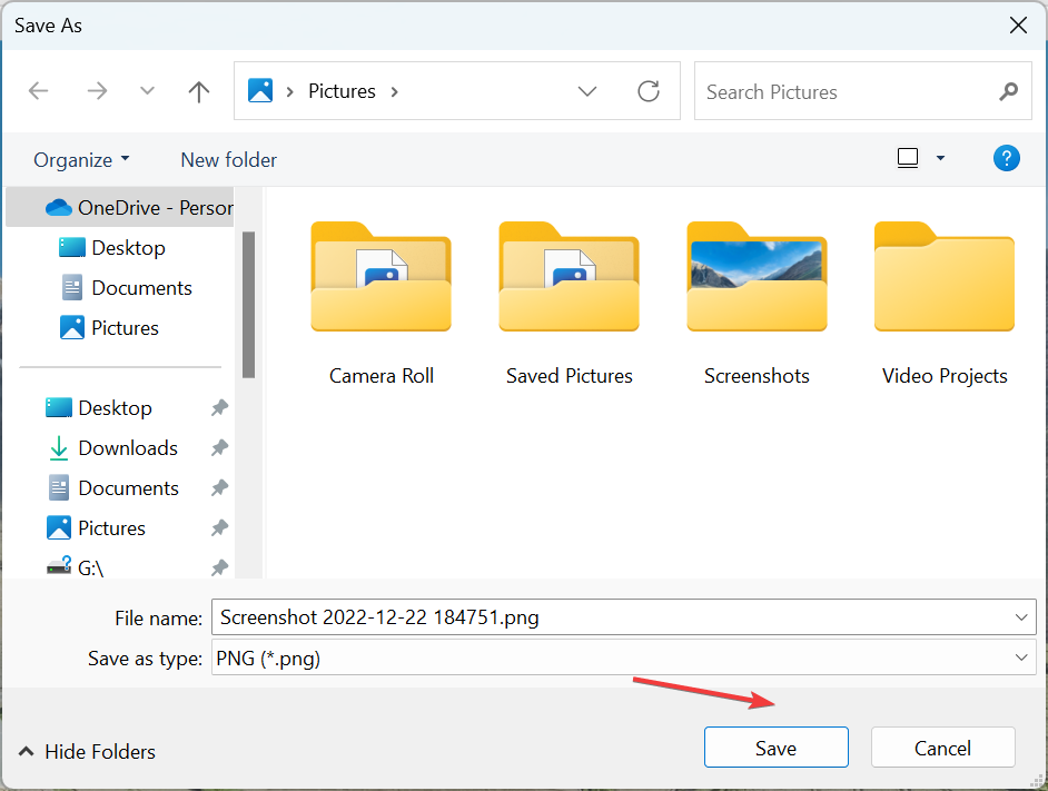 Окно выбора папки для сохранения скриншота