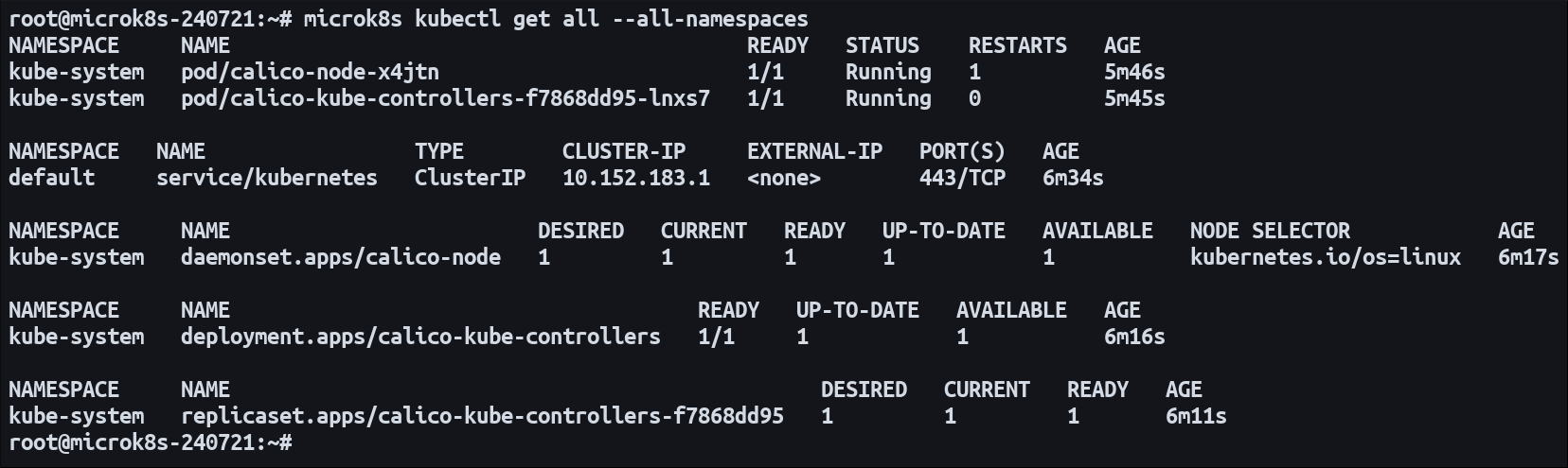 Скриншот списка ресурсов MicroK8s по умолчанию