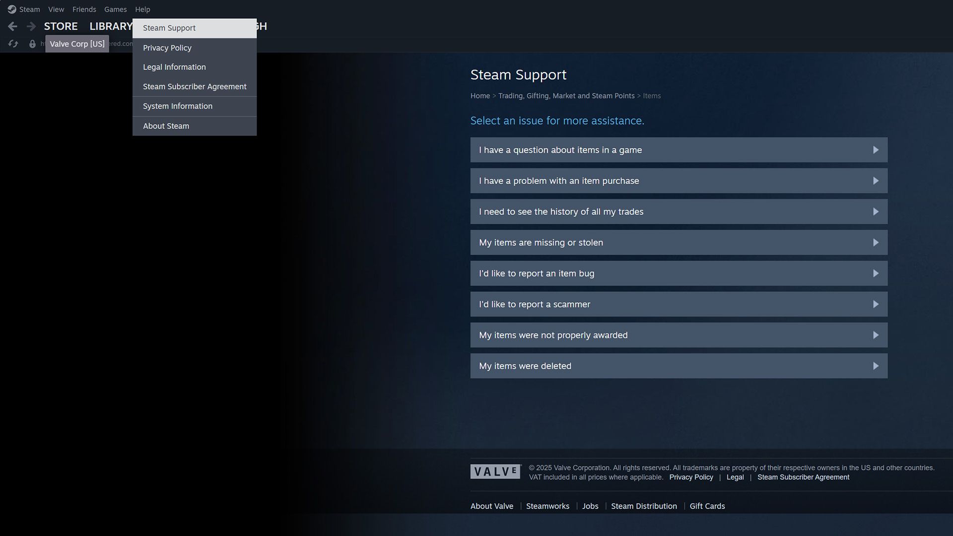Навигация по Support Steam для операций на Community Market