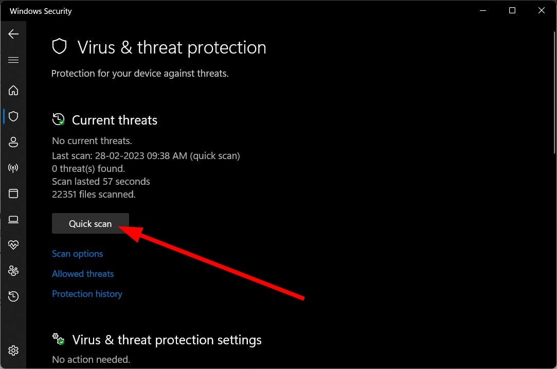 Кнопка 'Быстрая проверка' в Защите Windows