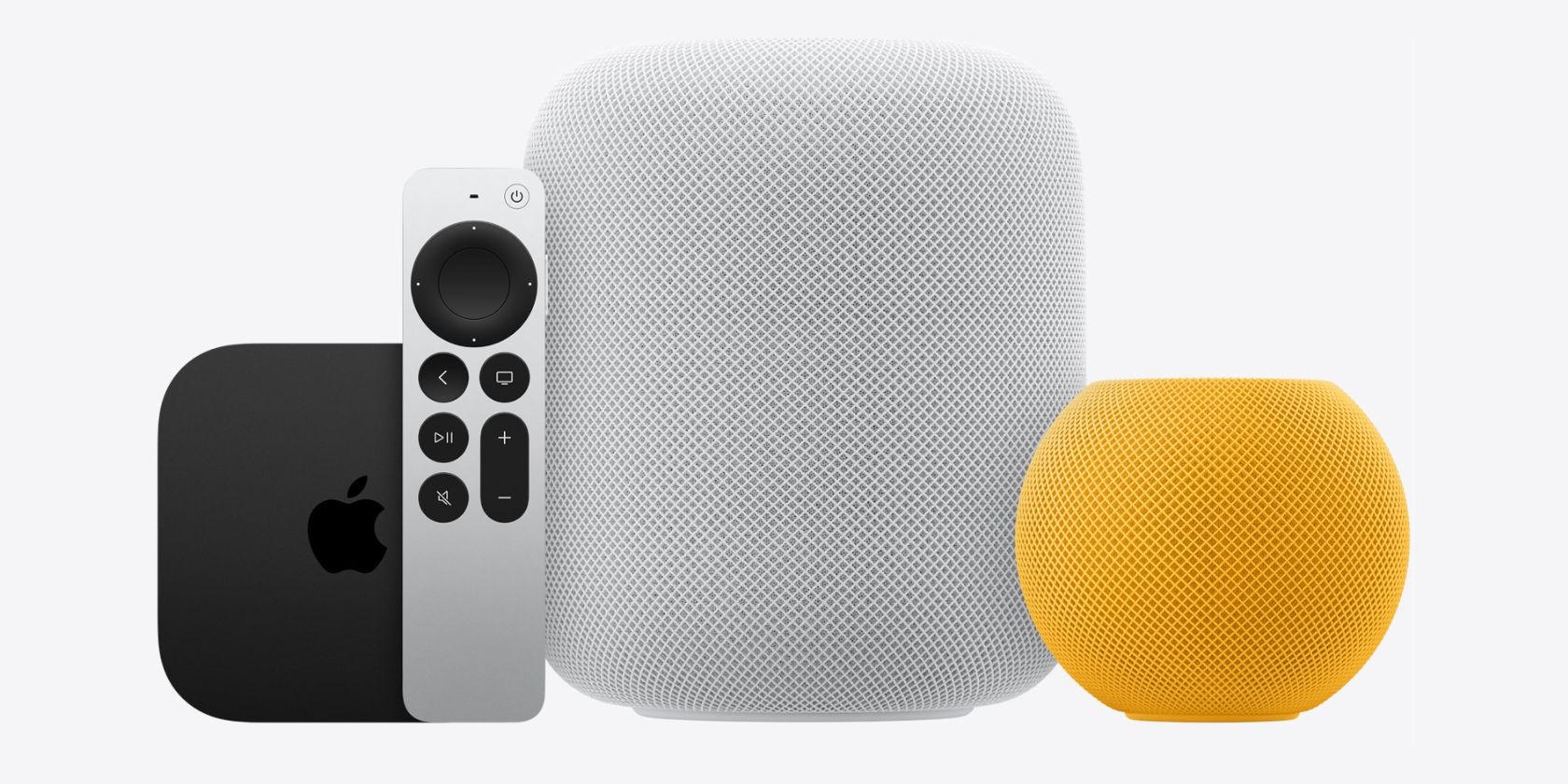 Два устройства Apple — Apple TV 4K и HomePod — стоят рядом