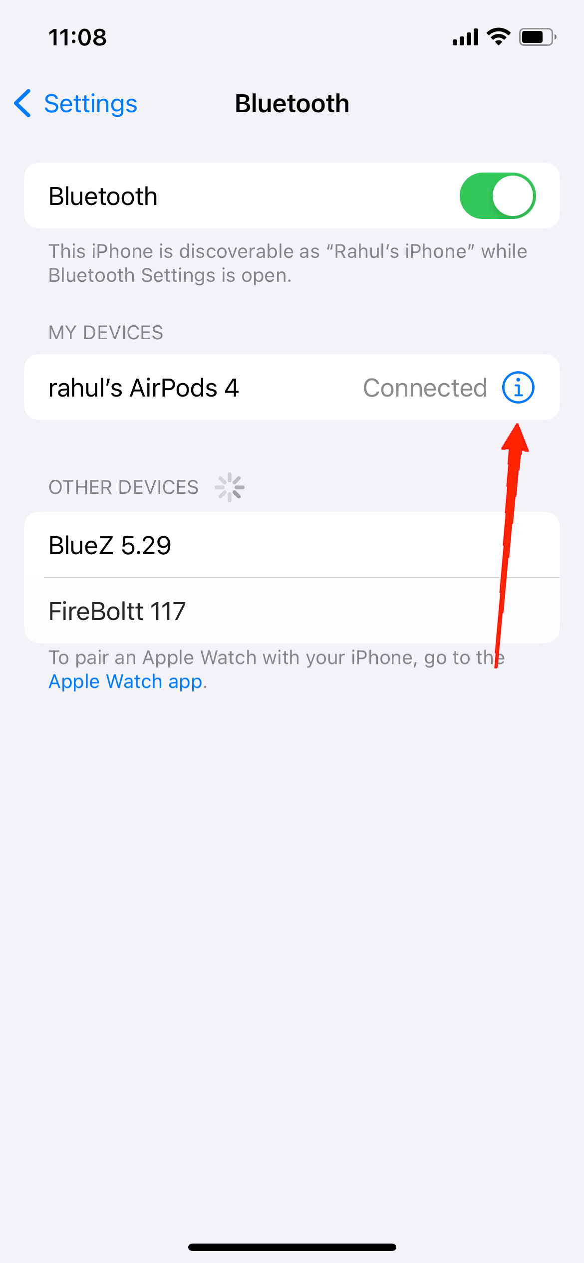 Иконка информации рядом с AirPods в списке Bluetooth