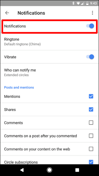 Полное отключение мобильных уведомлений в Google+ — переключатель