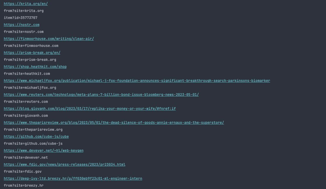 Результат извлечения URL-адресов со страницы