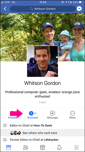 Профиль пользователя с настройкой Snoozed — кнопка завершения