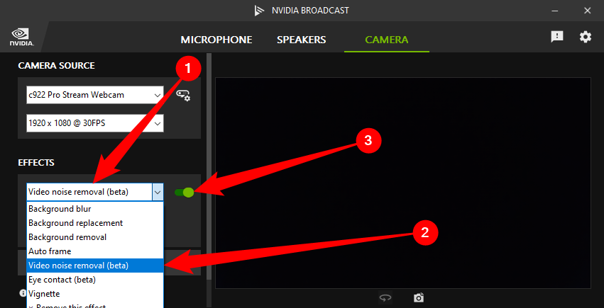 Меню с опцией Удаление видеошума и её переключатель