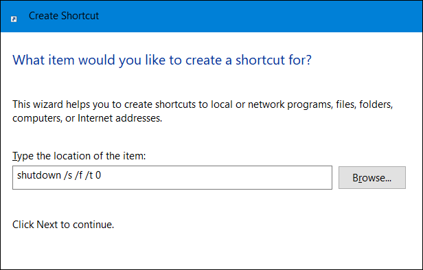 Введите команду shutdown как расположение для нового ярлыка