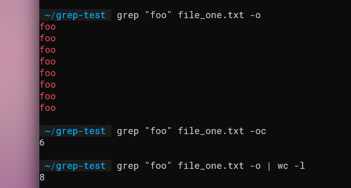Иллюстрация: использование grep -o с конвейером в wc -l для подсчёта вхождений