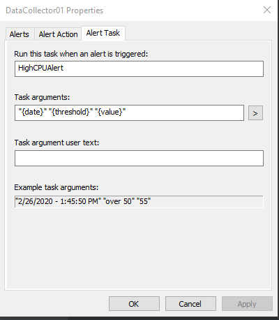 Настройка параметров задачи в свойствах Data Collector