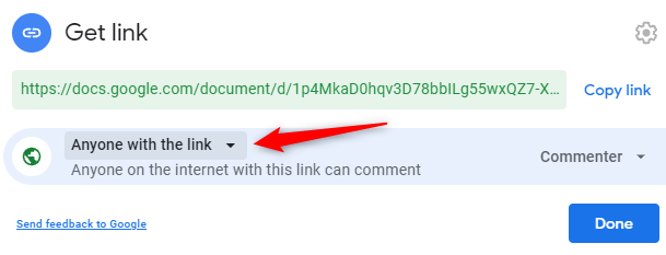 Нажмите опции доступа по ссылке, чтобы выбрать режим