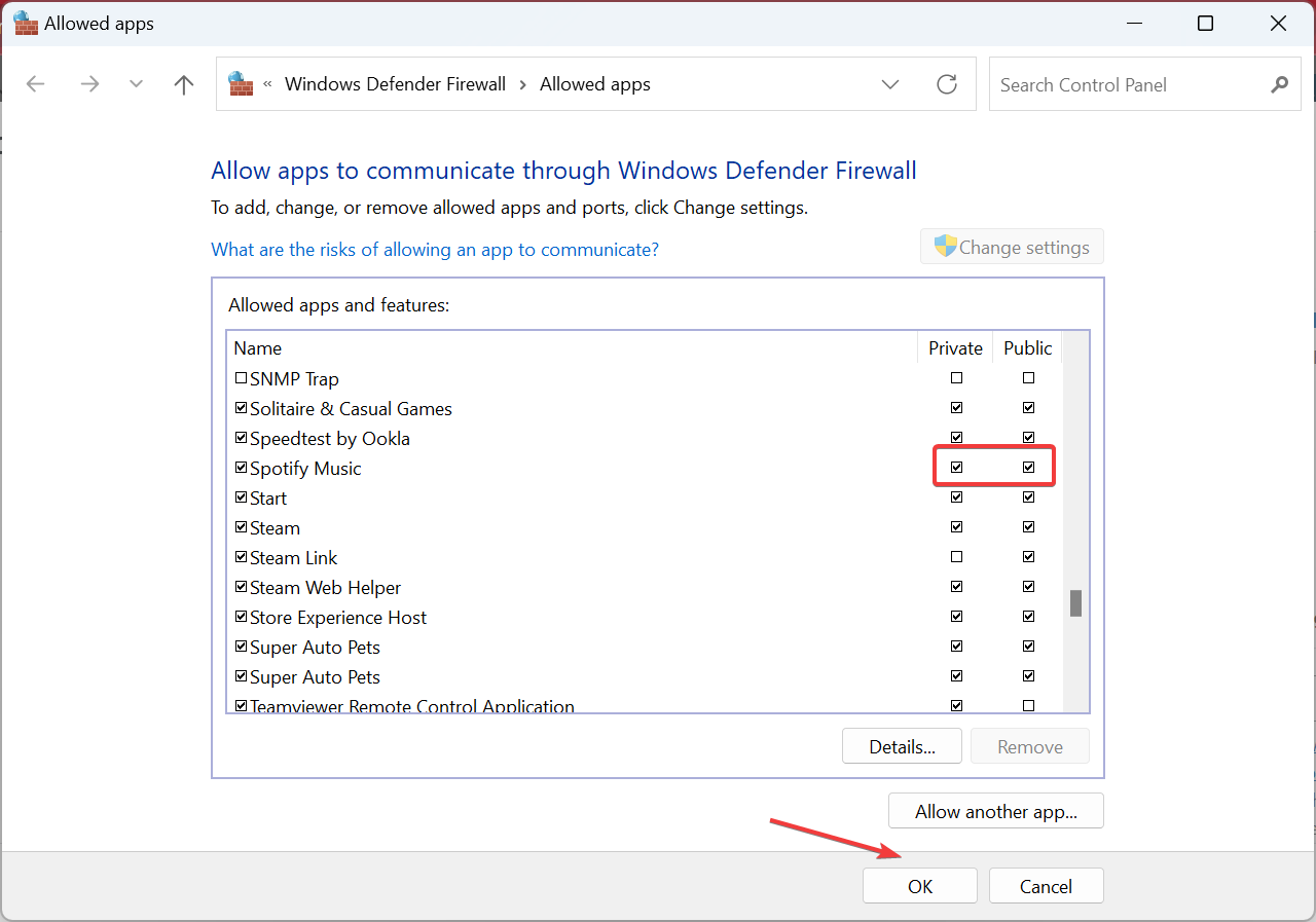 Добавление Spotify в исключения брандмауэра