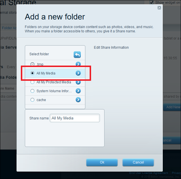 Выбор папки для добавления в Media Server