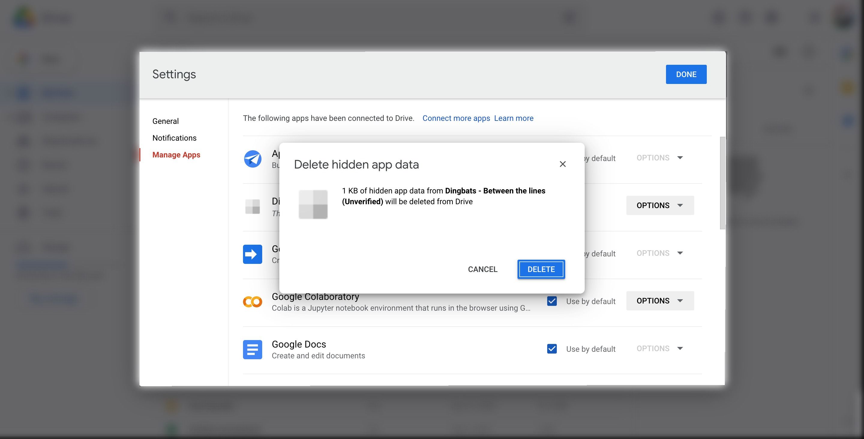 Подтверждение удаления скрытых данных приложения