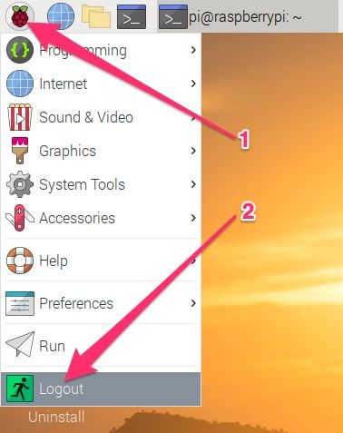 Нажмите на иконку Raspberry в левом верхнем углу, затем выберите выход или выключение