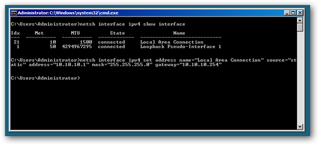 Пример задания статического IP через netsh