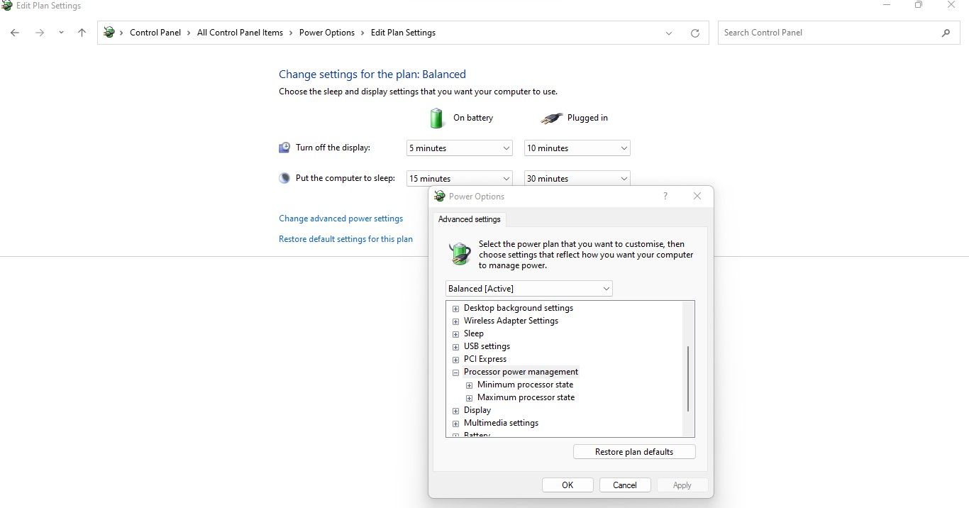 Разворачивание раздела Управление питанием процессора в дополнительных параметрах питания
