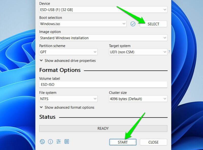 Интерфейс Rufus с загруженным ISO Windows 11