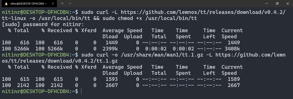Установка tt в терминале Linux