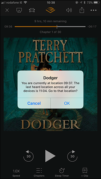 Экран Audible с предложением продолжить воспроизведение с Sonos