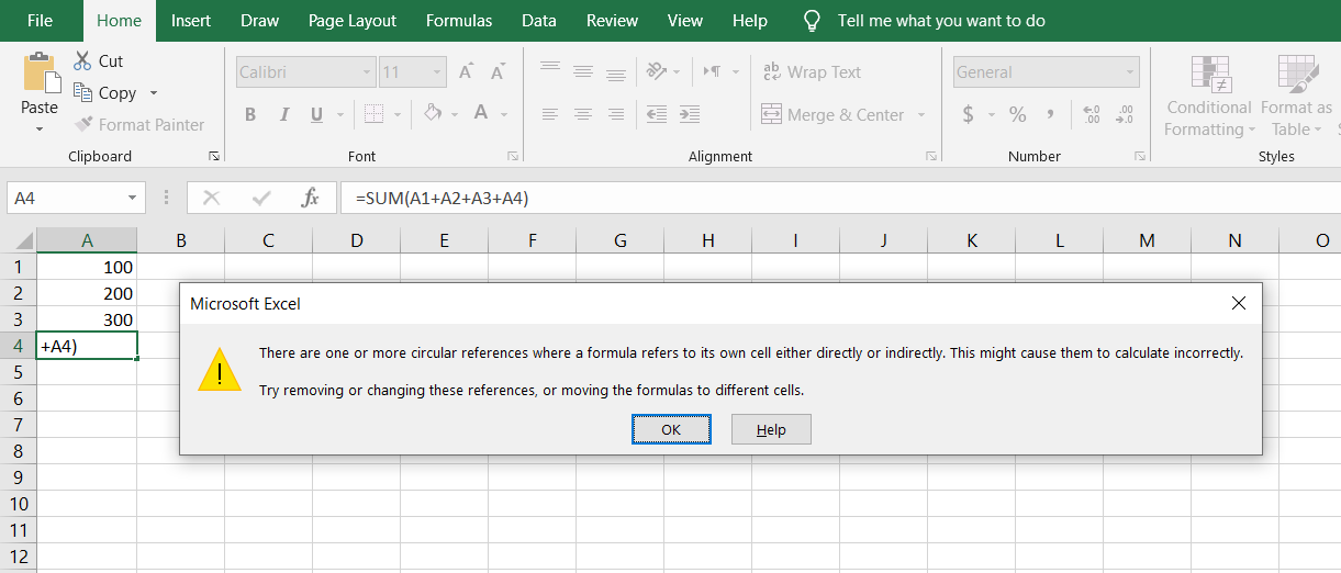 Предупреждение Excel о наличии круговой ссылки в таблице.