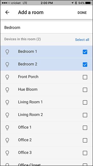 Список комнат и устройств в Google Home