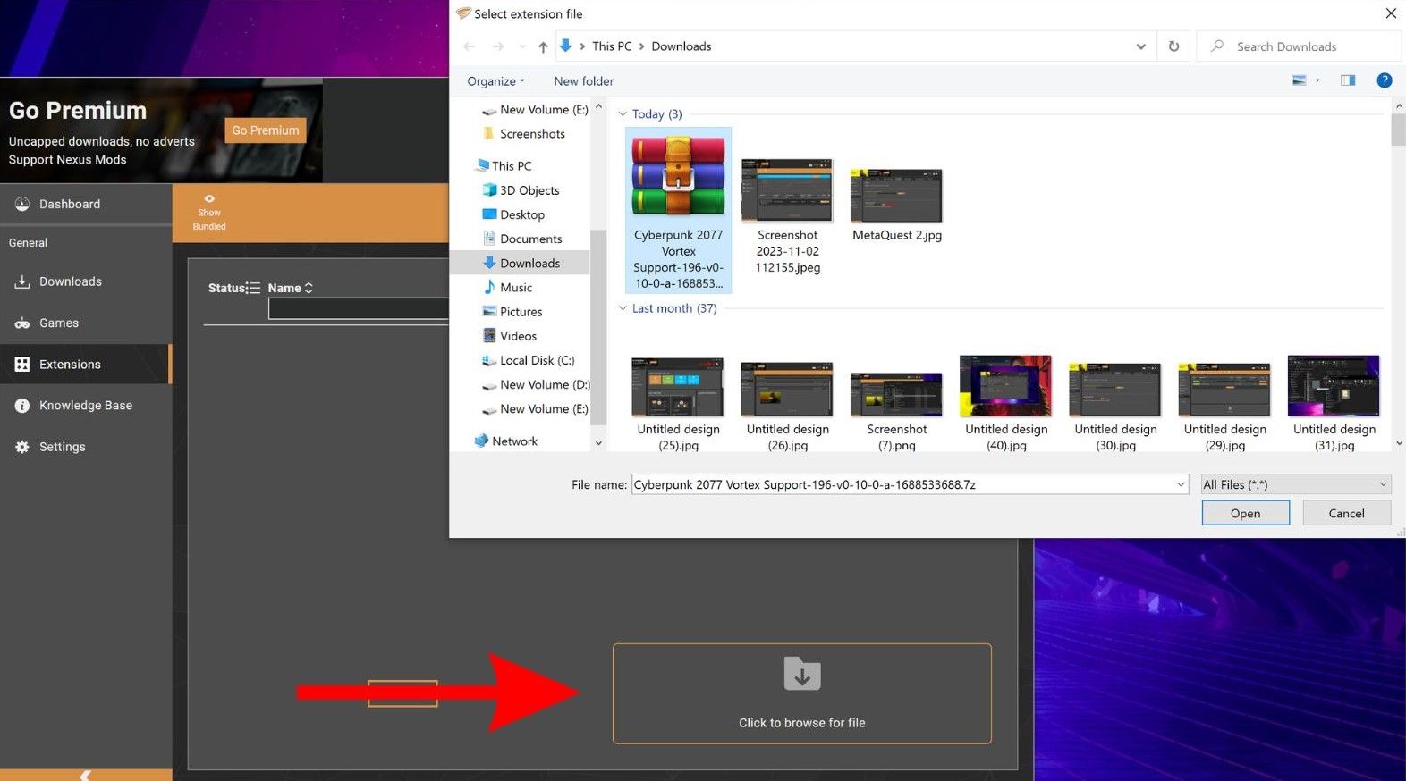 Установите расширение поддержки Cyberpunk 2077 для Vortex