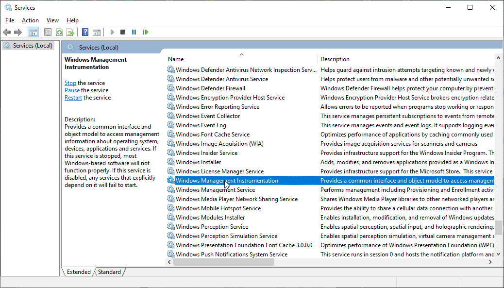 Перезапуск службы WMI в списке служб Windows