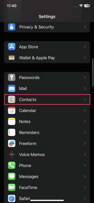 Tapping on Contacts option in iPhone Settings.