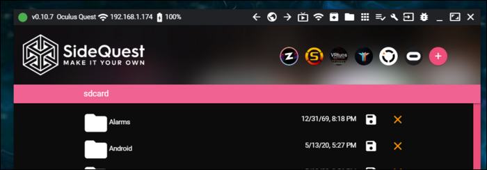 Окно SideQuest с подключённой гарнитурой