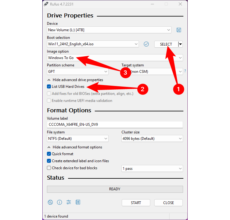 Окно Rufus с параметрами для создания портативной установки Windows