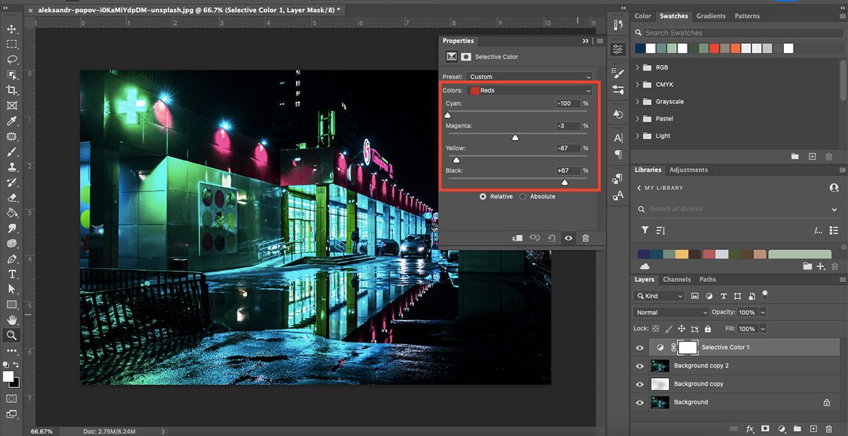 Окно свойств Selective Color в Photoshop с ползунками для настройки цветов.
